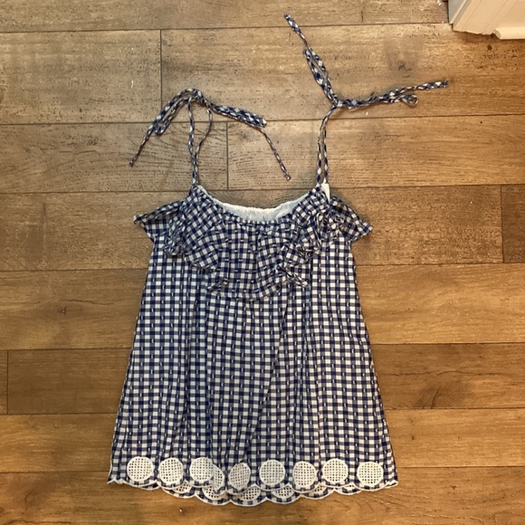 J Crew 00 Navy and White Gingham Tie Shoulder Spaghetti Strap Tank Top - Picture 3 of 4